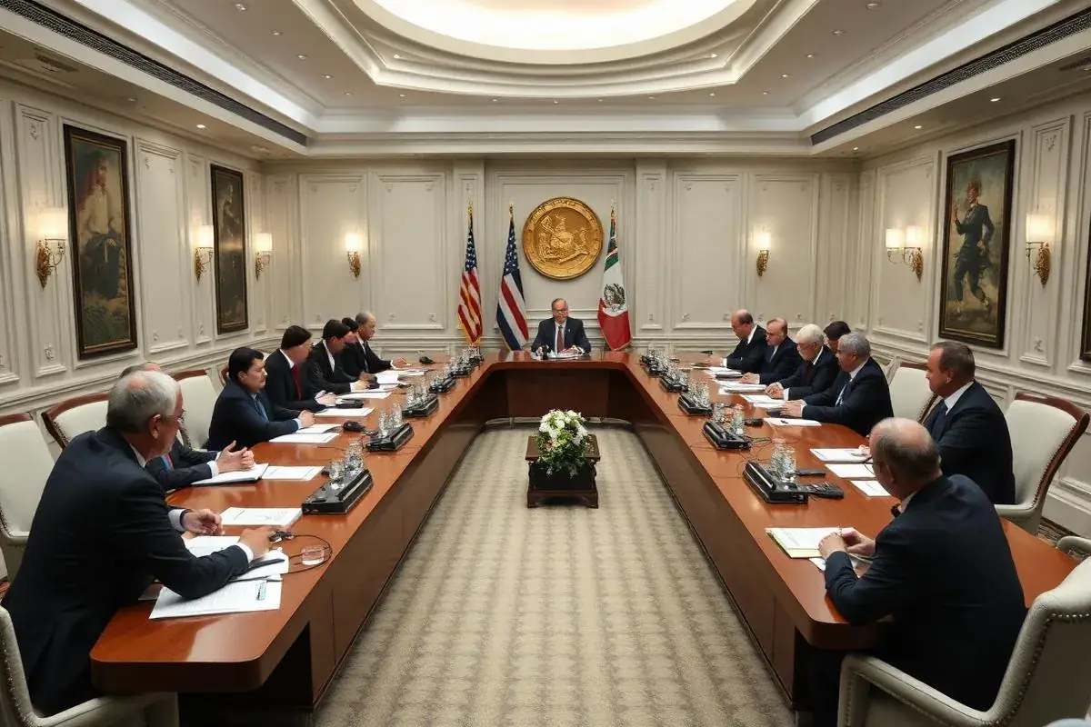 Sala de conferência com diplomatas em reunião