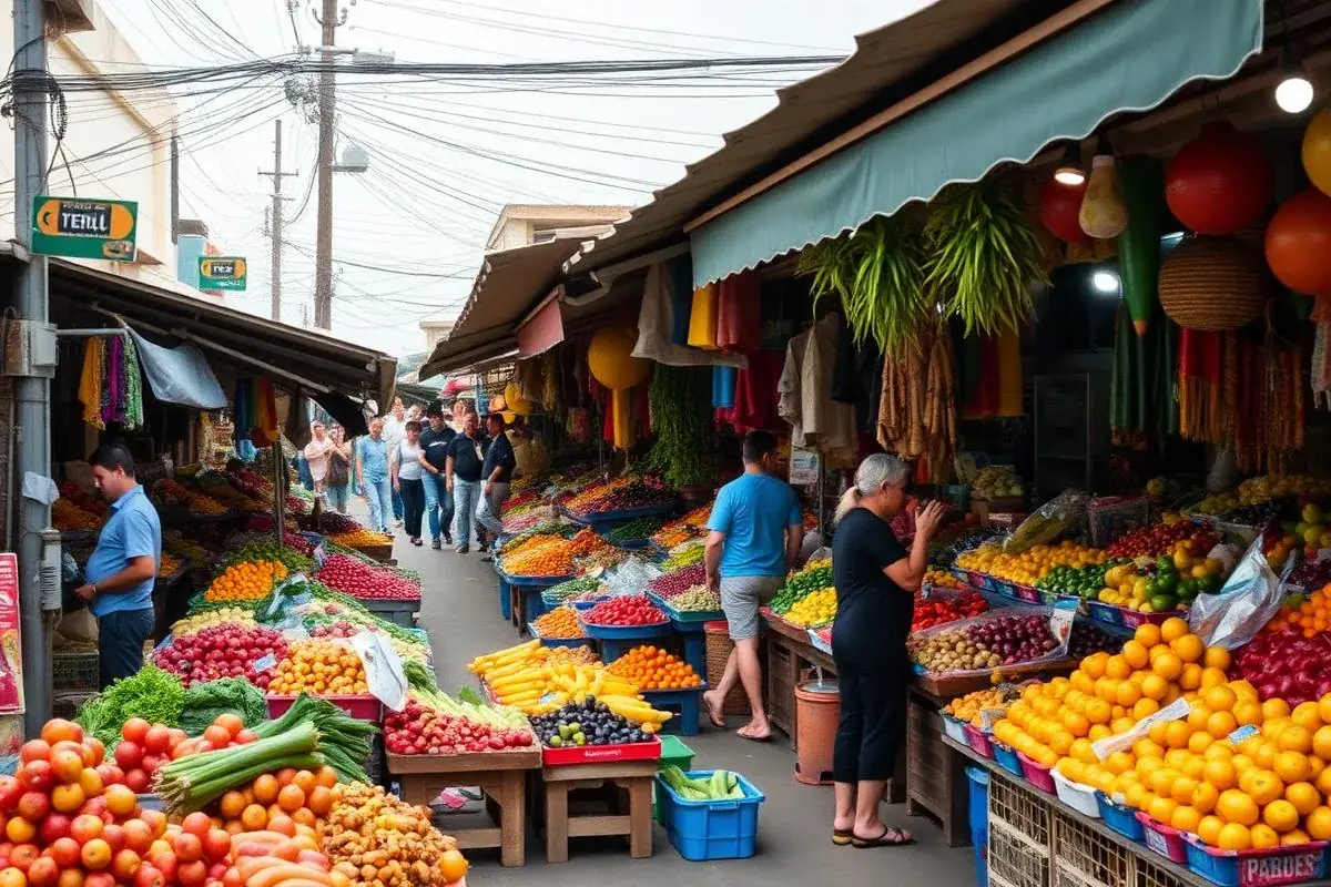 Feira livre com barracas coloridas
