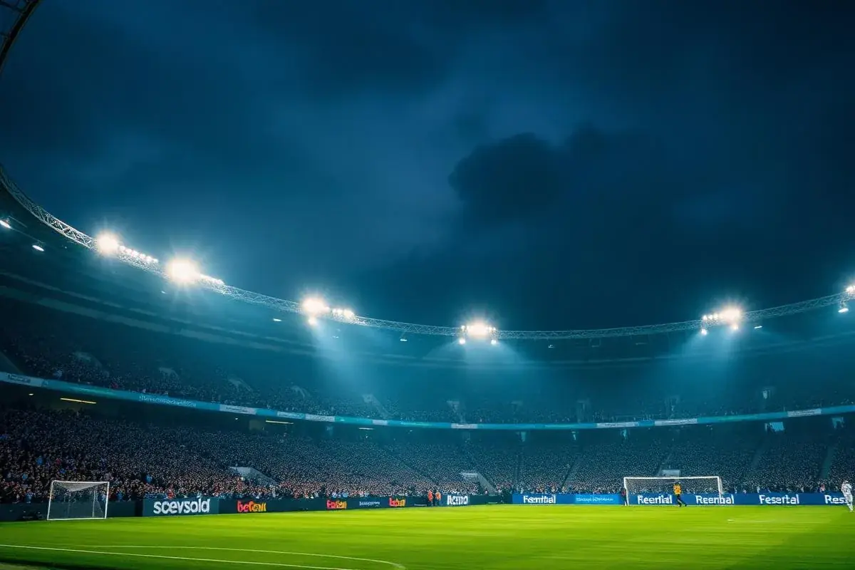 Estádio de futebol iluminado à noite com torcida